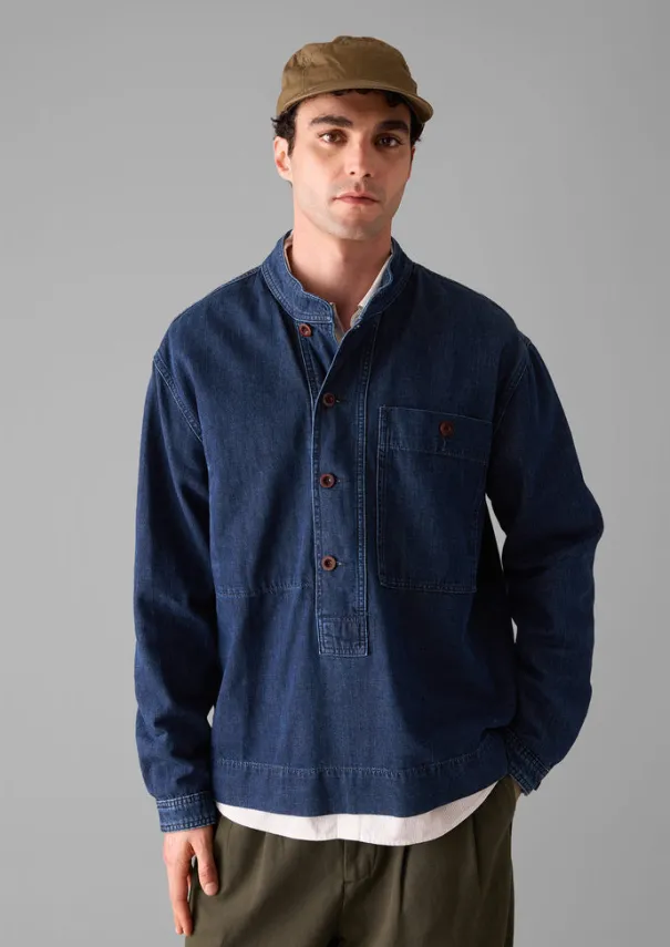 TOAST Denim|Workwear*Grandad Collar Half Placket Denim Shirt